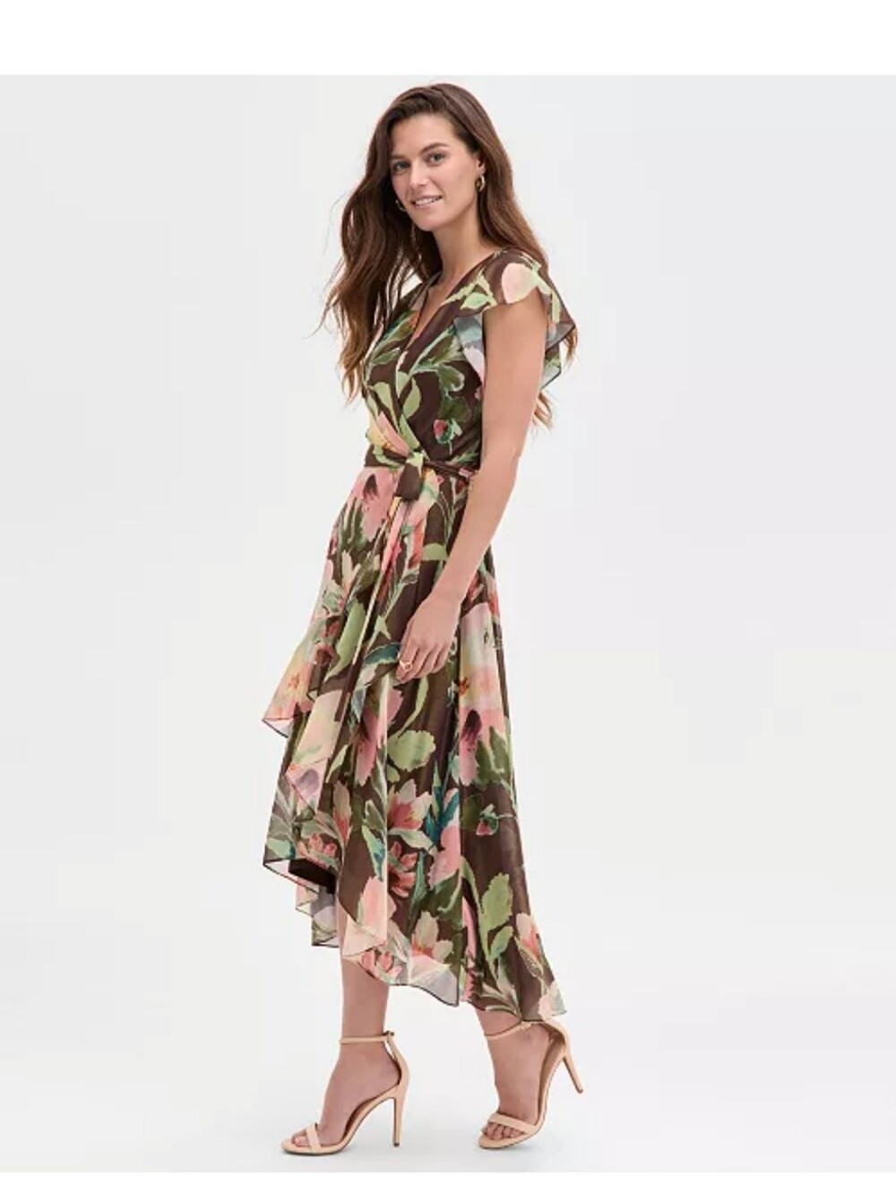 NWT Adrianna Papell Floral Hi Low Midi Dress Size 10 Ruffle Wrap Style $199 - Picture 2 of 11